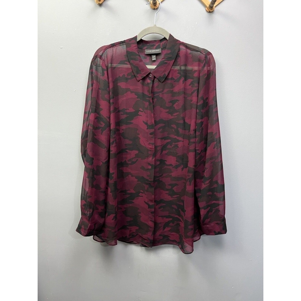 Lane Bryant Blouse Womens 22/24 Burgundy Camo Button Down Sheer Long‎ Sleeve Top